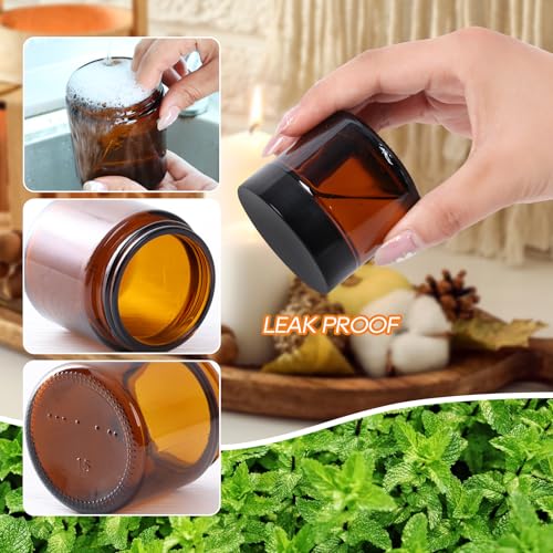 2oz Airtight Glass Jars with Lids, 3 Pack Amber Empty Small Cosmetic jars | Small Cosmetic Containers with Inner Liners, Leak-Proof Travel Jars for Lotions, Scrubs, and Candle Making, Labels & Spatulas - color: Amber-2oz-3pcs