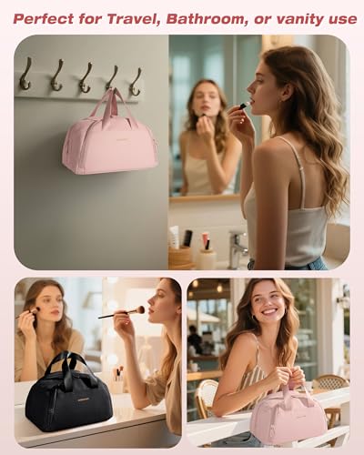 Marscamd ravel Makeup Bag for Women, Lay-Flat Toiletry Organizer, Pink | Lay-flat design, waterproof wet & dry pockets, 3-section organization & lightweight carry - color: Pink