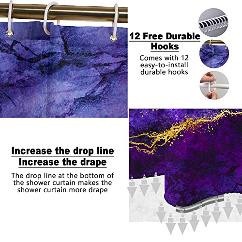 Poedist 4 Pcs Gold Edge Marble Bathroom Shower Curtain Set, Bathroom Sets with Shower Curtain and Rugs(Bath Mat,U Shape and Toilet Lid Cover Mat) and 12 Hooks-Purple - color: Purple Yellow
