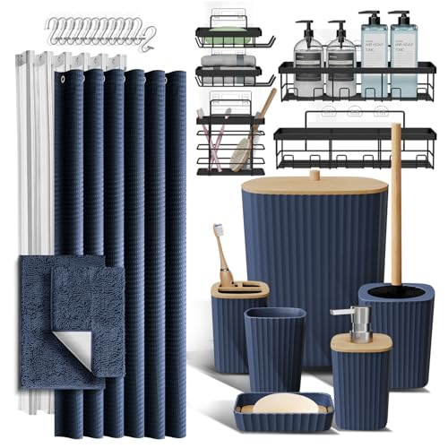 Clara Clark Bathroom Accessories Set - 27PC Bathroom Set with Adhesive Corner Shower Caddy Hanging, Bathroom Sets with Shower Curtain and Rugs, Navy Blue Shower Curtain Set with Bathroom Trash Can - color: Navy Blue, size: Complete Set + Bath Rug + Shower