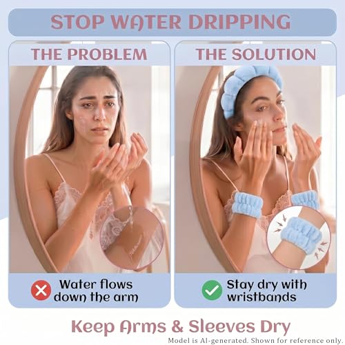Headband for Washing Face and Wristband Set, Blue | Soft absorbent fabric, snug head-hugging fit for face washing, skincare, makeup, masks, travel, women and teen girls - color: Blue