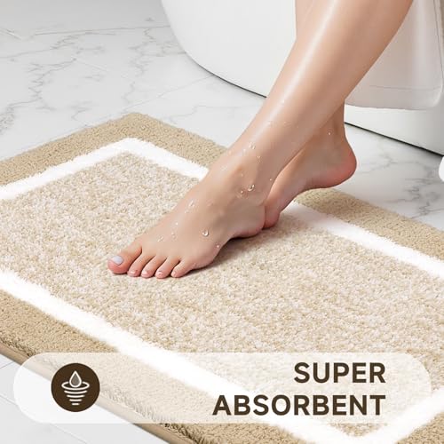 Pauwer 3 Pieces Bathroom Rugs Sets, Microfiber Shaggy Bath Mat Set, Ultra Soft Non-Slip Rug with U Shaped Toilet for Bathroom, Tub, Shower Washable Carpets Set,Beige - color: Beige, size: 18"x26"+18"x48"+U Shape 20"x24"