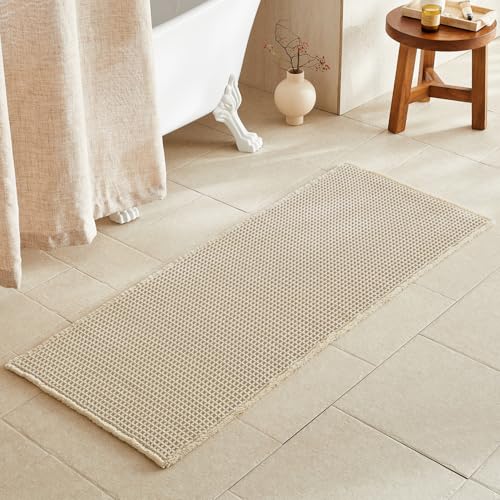 TYUU Pale Beige Long Bathroom Rug, Waffle Runner Rug Bathroom Non Slip Washable Super Absorbent Quick Dry Boho Farmhouse Bath Mat, 60''x24'' Pale Beige - color: Pale Beige, size: 2' X 5' (Runner)