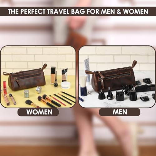 Leather Makeup Bag for Women – Genuine Leather Cosmetic Bag Travel, Handmade Zippered Makeup Pouch, Small Toiletry Bag, Shaving Kit & Stationery Organizer- Brown - color: Brown Cosmetic Pouch