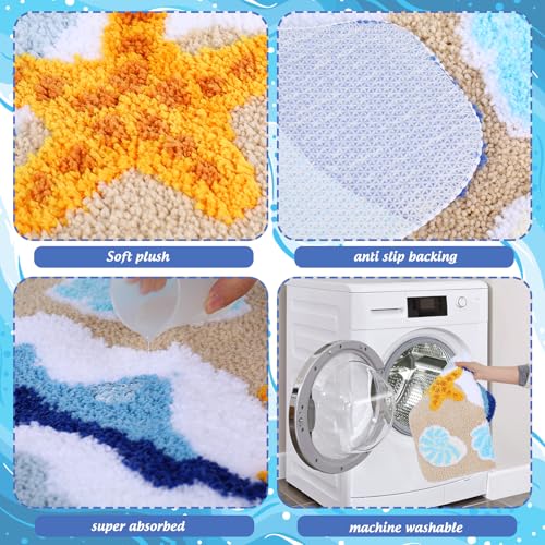 Whaline Summer U Shaped Toilet Mat Bath Rug Absorbent Ocean Wave Beach Seashell Starfish Bathroom Mat for Summer Coastal Toilet Base Bathroom Floor, 19.7 x 23.6 Inch