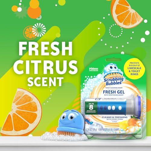 Scrubbing Bubbles Fresh Gel Toilet Bowl Cleaning Stamps, Helps Keep Toilet Clean and Helps Prevent Limescale & Rings, Citrus Scent, 1 Dispenser with 6 Fresh Gel Stamps - size: 1.34 Ounce (Pack of 1)
