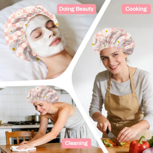 Pink Daisy Reusable Shower Cap Buffalo Check Double Layer Waterproof Shower Caps Large Elastic Hair Cover Adjustable Hair - Drying Caps for Woman Bath SPA Travel One Size Fits Most - color: Pink Daisy