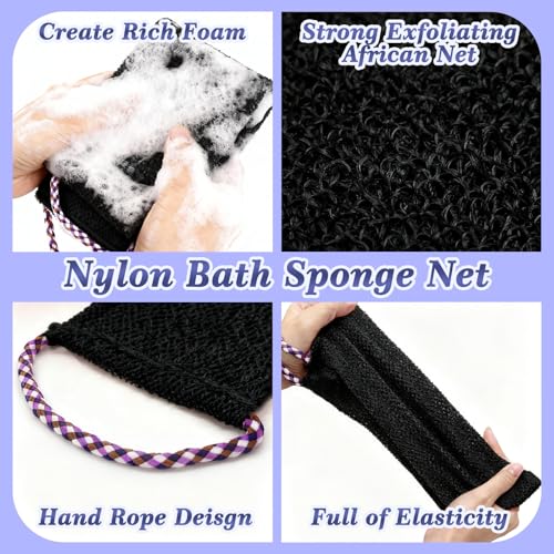 Manmihealth Silicone Back Scrubber for Shower & African Net Sponge Net Set, 36'' Dual-Sided Back Washer & African Long Bath Sponge, Extendable Long Silicone Body Brush(Black+Black) - color: Black+black