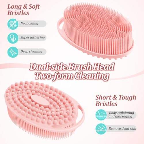 Soft Silicone Body Scrubber Set, 2PCS Dual-Side Silicone Loofah for Gentle Exfoliating and Scalp Massaging, Hygienic Shower Scrubber Shampoo Brush for Kids, Women, Sensitive Skin(Pinkx2) - color: Pink*2