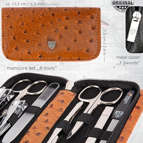 3 Swords Germany - brand quality 8 piece manicure pedicure grooming kit set synthetic leather case ostrich cognac - Made in Germany - color: OSTRICH BROWN