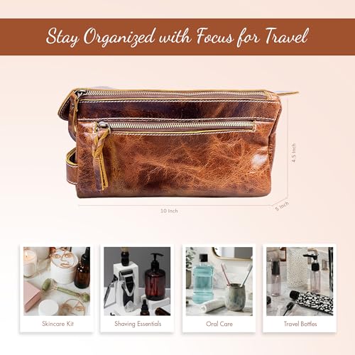 DEBKIN FOCUS Premium Top Grain Buffalo Leather Toiletry Bag for Men, Fathers Day Gift for Dad, Graduation Gifts for Men Him, Leather Shaving Bag, Gift for Birthday, Anniversary, Groomsmen, Husband