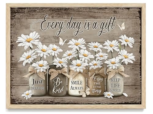 KISSFOX Framed Wall Art Bathroom Wall Decor Farmhouse Pictures Daisy Canvas Art Rustic Inspirational Quotes Paintings Artwork For Restroom - color: Vase-Daisy, size: 16x20 in