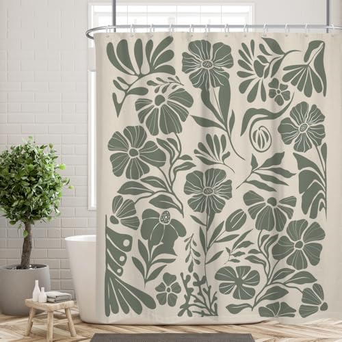 Sage Green Boho Floral Shower Curtain, Botanical Leaf Flower Pattern for Modern Farmhouse Bathroom Decor, 72x72 inch Polyester Fabric, 12 Hooks - color: Green, size: 72"W x 72"L (Pack of 1)