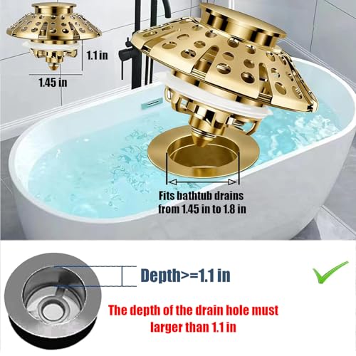 AzWzz Bathtub Drain Stopper, Pop Up Tub Stopper Plug with Bathtub Drain Hair Catcher Cover, Universal for 1.45 in to 1.8 in Tub Drain, Brushed Gold - color: Brushed Gold, style: Tub Drain Stopper with Hair Catcher