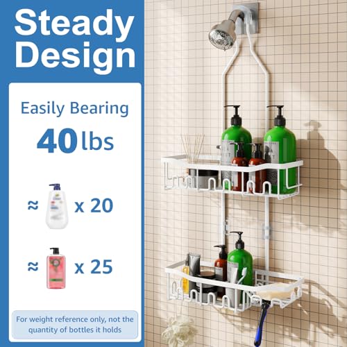 Upgraded Extended Length Shower Organizer with Hooks, Rustproof Shampoo Soap Holder, Large Hanging Bathroom Caddy, White - color: White - 2 Tier - Standard