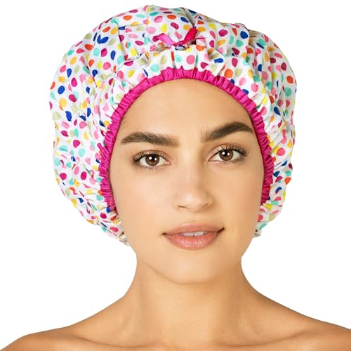 Reusable Bath & Shower Cap Lined, Oversized Waterproof Shower Caps Large Designed for all Hair Lengths with PEVA Lining & Elastic Band Stretch Hem Hair Hat - Fashionista Deco Dots - color: Deco Dots