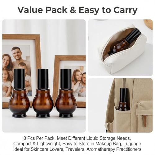 3 Pcs 30ml 1oz Amber Glass Travel Bottles for Toiletries Leakproof Cosmetic Cream Pump Bottles Lotion Dispenser Bottle Soap Dispenser with Black Pump for Essential Oil Cream Lotion Shampoo