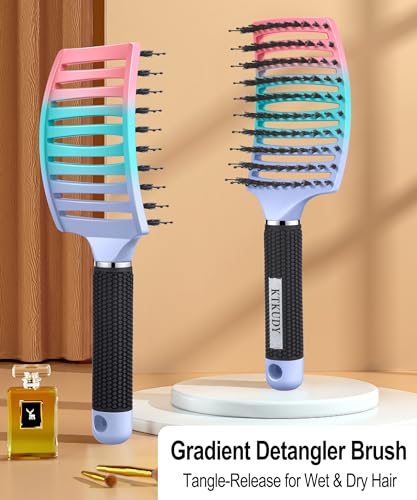 KTKUDY Detangling Brush Boar Bristles Hairbrush Make Hair Shiny & Healthier Curved and Vented Detangler Brush for Women Men Kids Wet & Dry Hair - color: Purple-Green-Pink Gradient