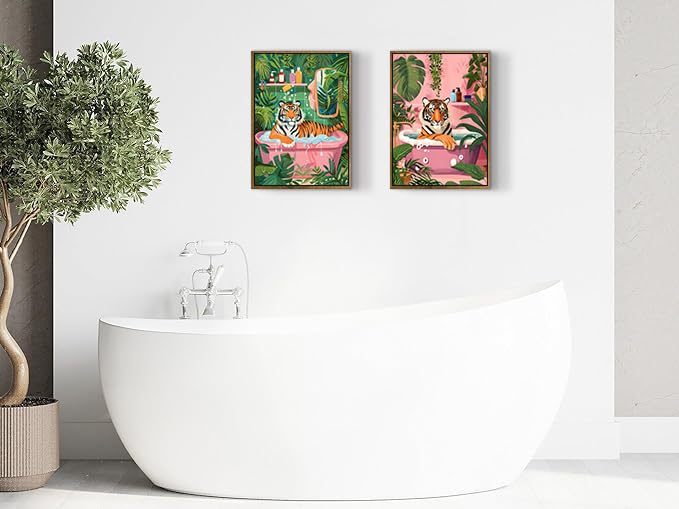 ARTZIO Framed Canvas Wall Art–Whimsical Tiger in Bathtub Jungle Bath Decor,Funny Animal Wall Art for Bathroom,Living Room & Home Office–Set of 2 (12×16″) - color: 2-PCS-3, size: 12"x16"