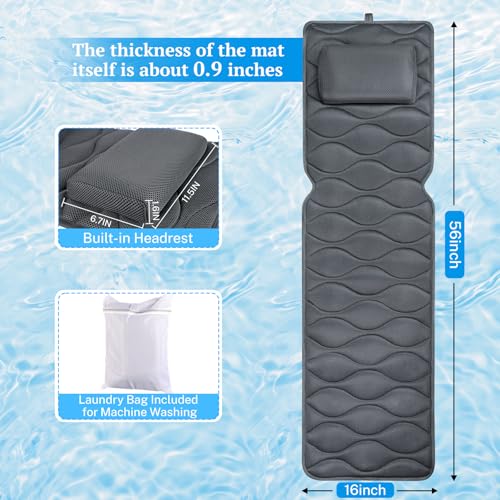 TranquilRelax Bath Pillow for Tub with Laundry Bag & 17 Non-Slip Suction Cups, Extra Thick and Soft Bathtub Pillow for Head, Neck & Shoulder Support, 56" x 16" Grey - color: Grey