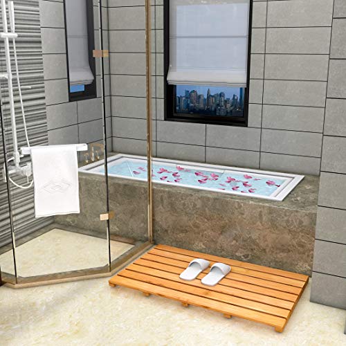 Bamboo Wooden Bath Floor Mat for Luxury Shower - Non-Slip Bathroom Waterproof Carpet for Indoor or Outdoor Use (31.3 x 18.1 x 1.5 Inches) - color: Natural, size: 31.3" x 18.1" (Rectangular)