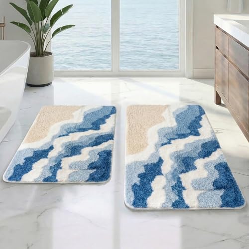 Arttown Blue Sea Waves Bathroom Rug Set 2 Piece Fluffy Microfiber Non-Slip Water Absorbent Bath Mat Soft Washable Floor Rug for Tub Showers Laundry Room Decor (16"x24"+20"x32") - color: Blue