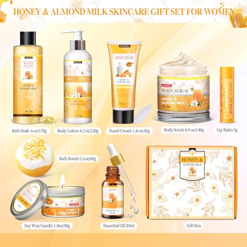 Gifts for Women, Birthday Gift for Women, 9 Pc Almond Milk & Honey Bath and Body Gifts Set, Self Care Gifts Spa Gift Basket, Relaxing Bath Sets for Mom, Girlfriend, Sister, Female Friends, Coworker