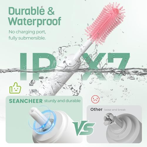 SEANCHEER S02 Electric Bottle Brush Set, Portable Baby Bottle Brush Cleaner, AA Battery-Powered & IPX7 Waterproof, with Silicone Bottle/Nipple/Straw Brush, for Home & Travel (Pink) - color: White-pink