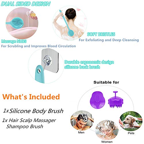 Silicone Body Scrubber & Scalp Massager, Long Handle Shower Brush, Exfoliating Scrubber for Men, Women & Kids - color: Blue