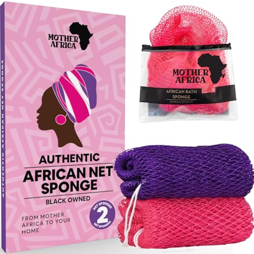 MOTHER AFRICA African Net Sponge Authentic with Knots 2 Pack Black Owned Exfoliating Body Scrubber Bath Sponge for Shower Washcloth Loofah Gentle Deep Cleansing Back Scrubber Face & Body Men & Women - color: Purple & Bright Pink