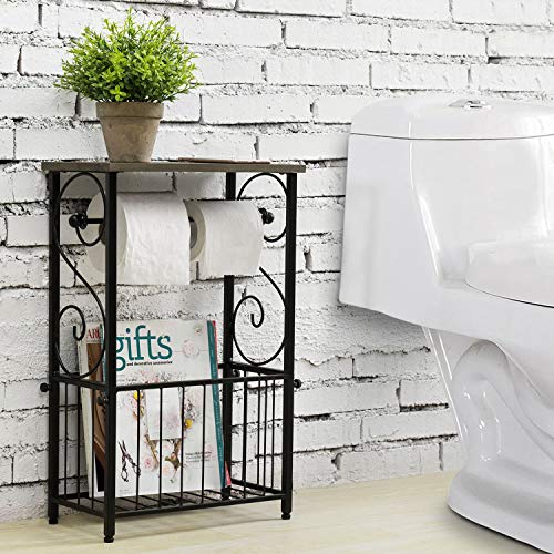 MyGift Toilet Paper Roll Holder Stand and Magazine Organizer Rack with Gray Solid Wood Display Shelf, Freestanding Bathroom Storage, Scrollwork Black Metal - color: Gray