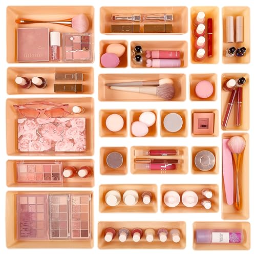 Vtopmart 25 PCS Plastic Drawer Organizers Set, 4-Size Versatile Bathroom and Vanity Drawer Organizer Trays, Storage Bins for Makeup, Bedroom, Kitchen Gadgets Utensils and Office - color: Orange