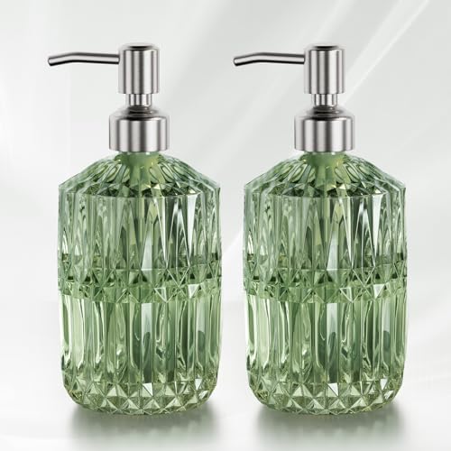AmazerBath Soap Dispenser, 2 Pack Green Glass Soap Dispenser with Pump Stainless Steel, 14.2OZ Refillable Hand Soap Bottles Bathroom Kitchen - color: Green & Stainless Steel - 2 Pack