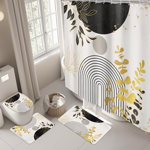 Riyidecor Boho Black Gold 4Pcs Shower Curtain Set with Toilet Lid Cover and Non-Slip Rugs, Mid Century Modern Minimalist Bathroom Decor Set，Abstract Contour and Bath Mat with 12 Hooks - color: 03black Gold