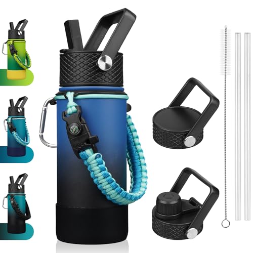 BJPKPK Water Bottle with Straw Lid, 18oz Insulated Water Bottles with 3 Lids, Paracord Handle & Non-slip Boot, Metal Stainless Steel Thermal Flasks, BPA Free Leak Proof Tumblers,Blue Black - color: Blue/Black, size: 18 Ounces