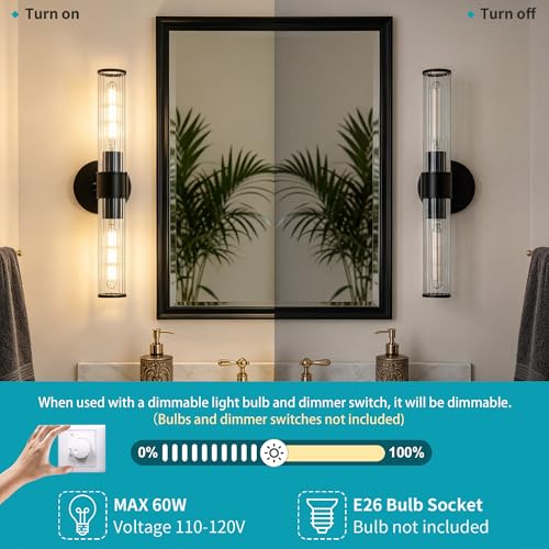 Bathroom Light Fixtures 2 Pack Hardwired, Black Wall Sconce Threaded Glass Vanity Light Featuring Two E26 sockets, Bathroom Wall Light Dimmable - Bulb Not Included, UL Certification - color: Black Threaded Glass-2Pack
