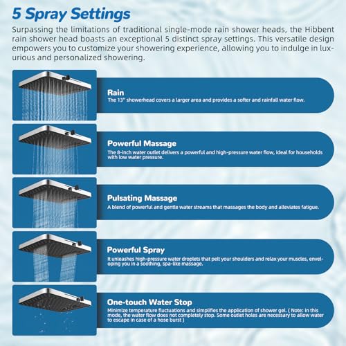 Hibbent 5-spray Dual Filtered Rainfall Shower Head Combo, High Pressure 13'' Showerhead with 10 Spray Mode Handheld, Easy Reach 4-way Diverter Shower Arm with Pause Mode, 71'' Hose and Holder, Chrome - color: Chrome, style: Square 13" with filter