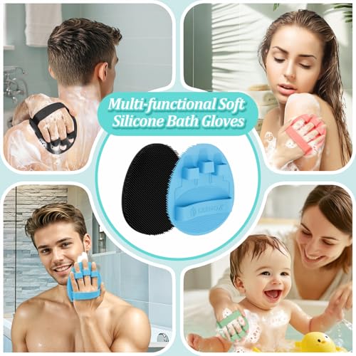 Silicone Back Scrubber & Bath Glove Set 2PCS, 13.4'' Gentle Shower Back Scrubber with Dual-Side Head Non-Slip Handle, 360° Anti-Slip Hand-fit Bath Glove for Rich Foaming Deep Cleaning(Blue) - color: Blue*2