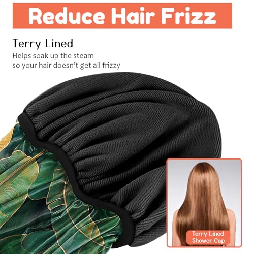 Luxury Shower Cap Terry Lined Reusable Triple Layer Waterproof Hair Elastic Caps Shower Bath Hat for Women Girls Cute Aesthetic-Leaf - color: AL17-Leaf