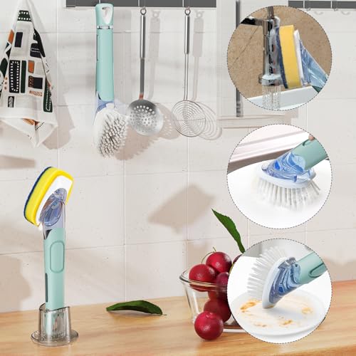 Dish Brush with Soap Dispenser Storage Set with 2 PCS Brush Refills & Holder, Dish Scrubber with Soap Dispenser, Dish Soap Brush, Dish Wand with Soap Dispenser for Dishes, Pans, Sink, Pots(Blue) - color: Blue