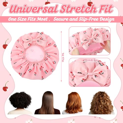 ramede Large Satin Lined Shower Cap for Women Reusable Waterproof Double Layer Bath Cap with Cherry Bow Large Washable Bath Caps with Soft Elastic Band Protect Long Hair Braids - style: Cherry Bow