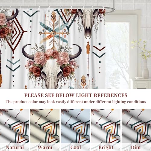 Fabric Shower Curtain with Hooks, Waterproof & Washable Polyester, Boho Western Aztec Cow Bull Skull Floral Shower Curtains for Bathroom, Retro Farmhouse Rustic Bathroom Curtain, 71x74 Inch - color: Boho Bull Skull