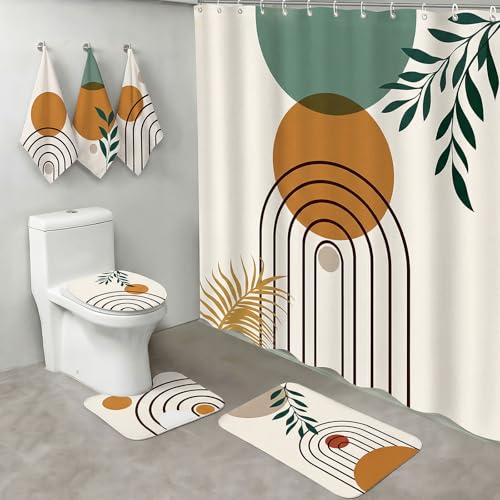Haull 7 Pcs Boho Abstract Shower Curtain Set with Non-Slip Rugs Toilet Lid Cover Bath Mat Towels, Mid Century Modern Geometric Leaf Minimalist Bathroom Decor for Home Bathroom Set with 12 Hooks - style: Boho