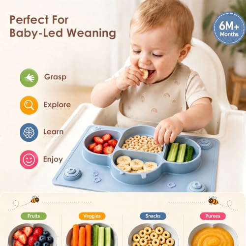 ROCCED Suction Plates for Baby placemat Spoon Fork Set for Toddlers, Silicone Baby Plates with Suction Baby Dishes for Kids Plates-Dusty blue - color: Dark Blue