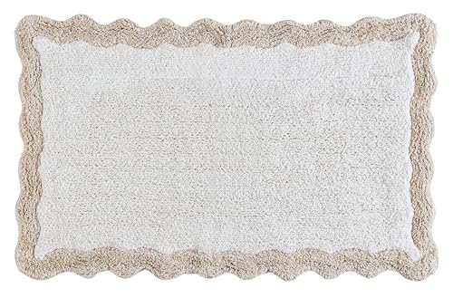Cotton Scalloped Bathmat with Antiskid 20"x32" Beige – 100% Cotton Scalloped Bath Mat, Anti Skid, Soft & Absorbent Bathroom Rug for Shower, Tub & Entryway - color: Beige, size: 1'8" x 2'8" (Rectangular)