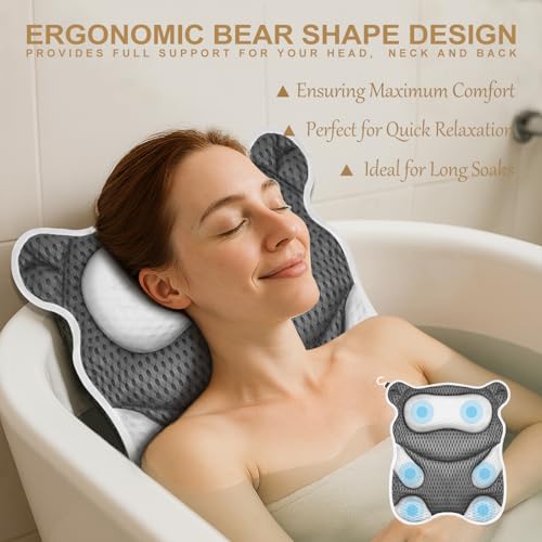 Bath Pillow for Tub Ergonomic Bear Shape Design Bath Pillow for Head and Neck Support SPA Gift Bathtub Pillow 4D Air-Mesh with 8 Suction Cups Washable Gray - size: 19''*21'' Bear Shape