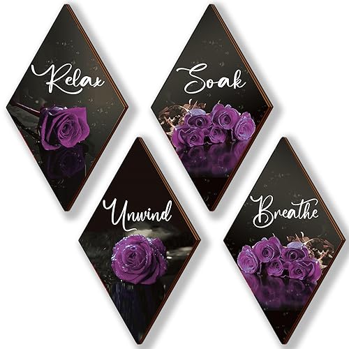 ONIZHITY Set of 4 Purple Bathroom Decor Rose Wooden Wall Decor Flower Rustic Romantic Floral Farmhouse Wall Decor Breathe Soak Unwind Relax Sign Purple Decor for Room Bedroom Bathroom (purple 12 x 7) - color: Purple Rose
