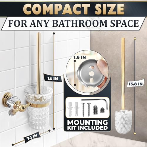 Gold Stainless Steel Toilet Brush with Crystal Toilet Brush Holder Set – Wall Mounted Holder, Replaceable Head, Decorative Space-Saving Design Bathroom Toilet Accessory Elegant Toilet Bowl Cleaner Set - color: Gold Glass