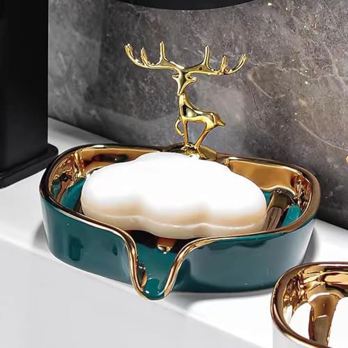 Soap Dish, Luxurious Ceramic Soap Dish Self Draining Soap Holder Tray Easy Cleaning Soap Saver for Shower Bathroom Kitchen Sink Bathtub Hotel Travel(Green Painted in Gold) - color: Green Painted in Gold