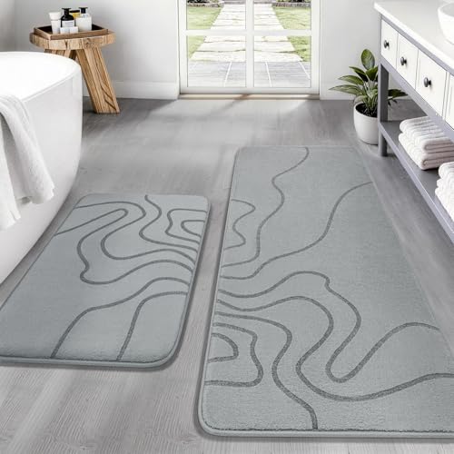 YIHOUSE Memory Foam Bathroom Rugs Sets 2 Piece - Extra Thick Ultra Soft Absorbent Bath Mat Set, Non-Slip Machine Washable Bath Rugs for Bathroom, Tub & Shower, Home Decor (17"x24"+20"x46", Grey) - color: Grey, size: 1'5" x 3'10" (17"x24"+20"x46")